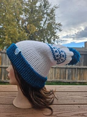 Handmade Knit Sparkle Beanie Teal White Fair Isle Pom Pom Hat